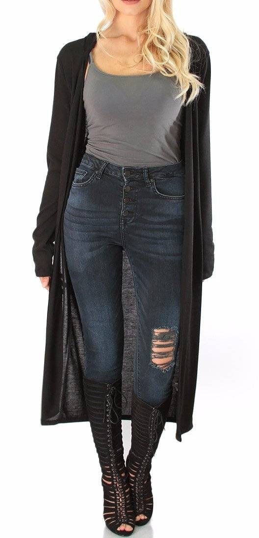 Open Front Hooded Long Sleeve Tunic Maxi Cardigan Cover-Up S M L XL