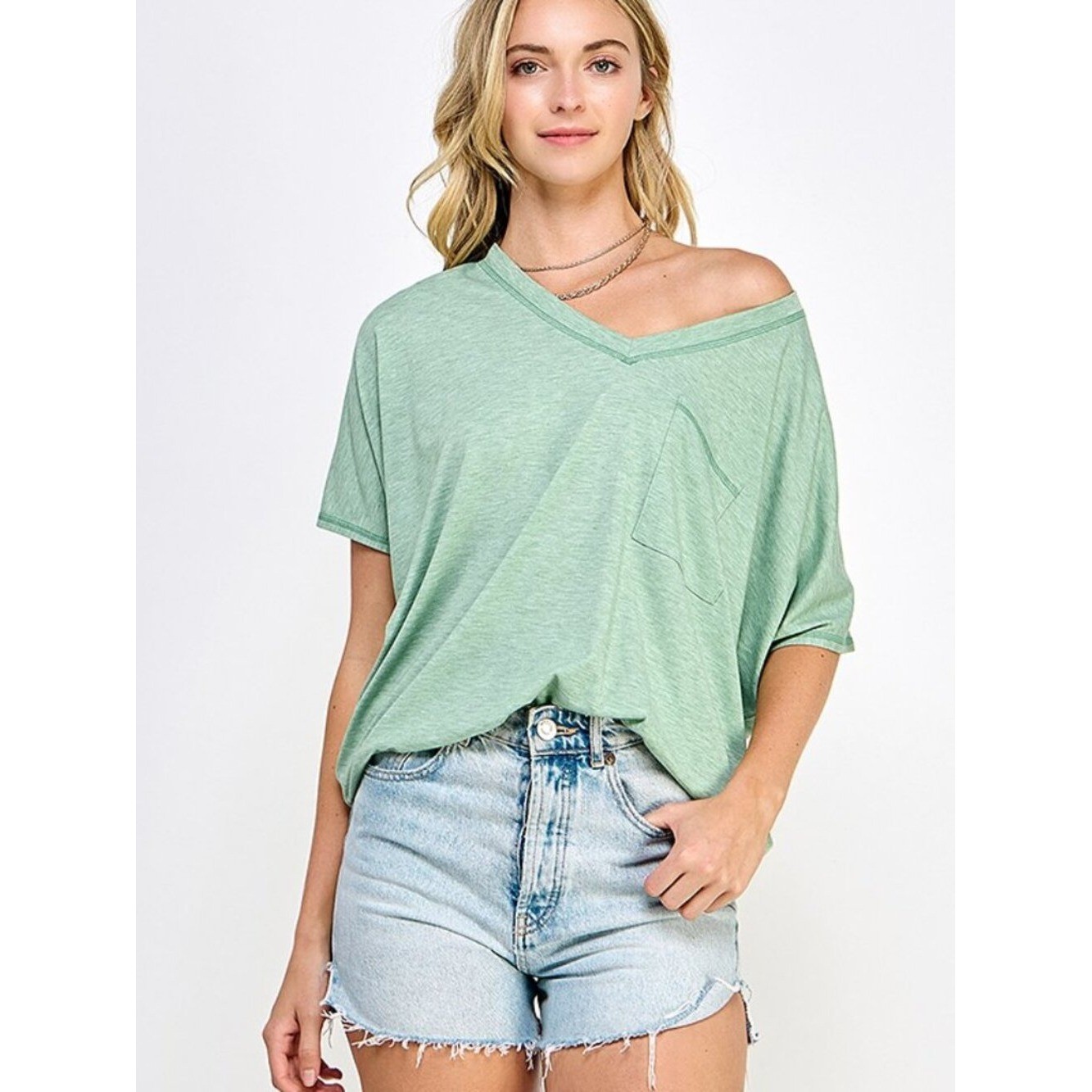 Sage V-Neck Tee With Pocket