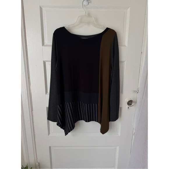 Alembika Tunic Top Lagenlook Boho Indie Long Sleeve Black Brown Colorblock 2