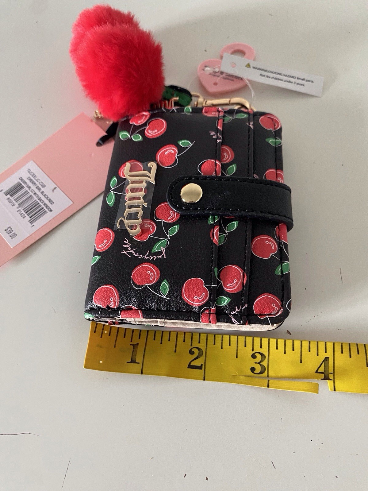 Juicy Couture Cherry Girl CC Wallet W/Back Window Black Red W/Charm Pom Pom NEW