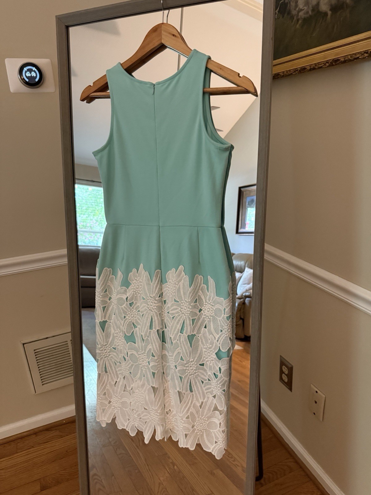 DANIEL CREMIEUX•MARITZA DRESS•SZ Xs Teal SHEATH BAND WHITE FLOWERS•SPRING