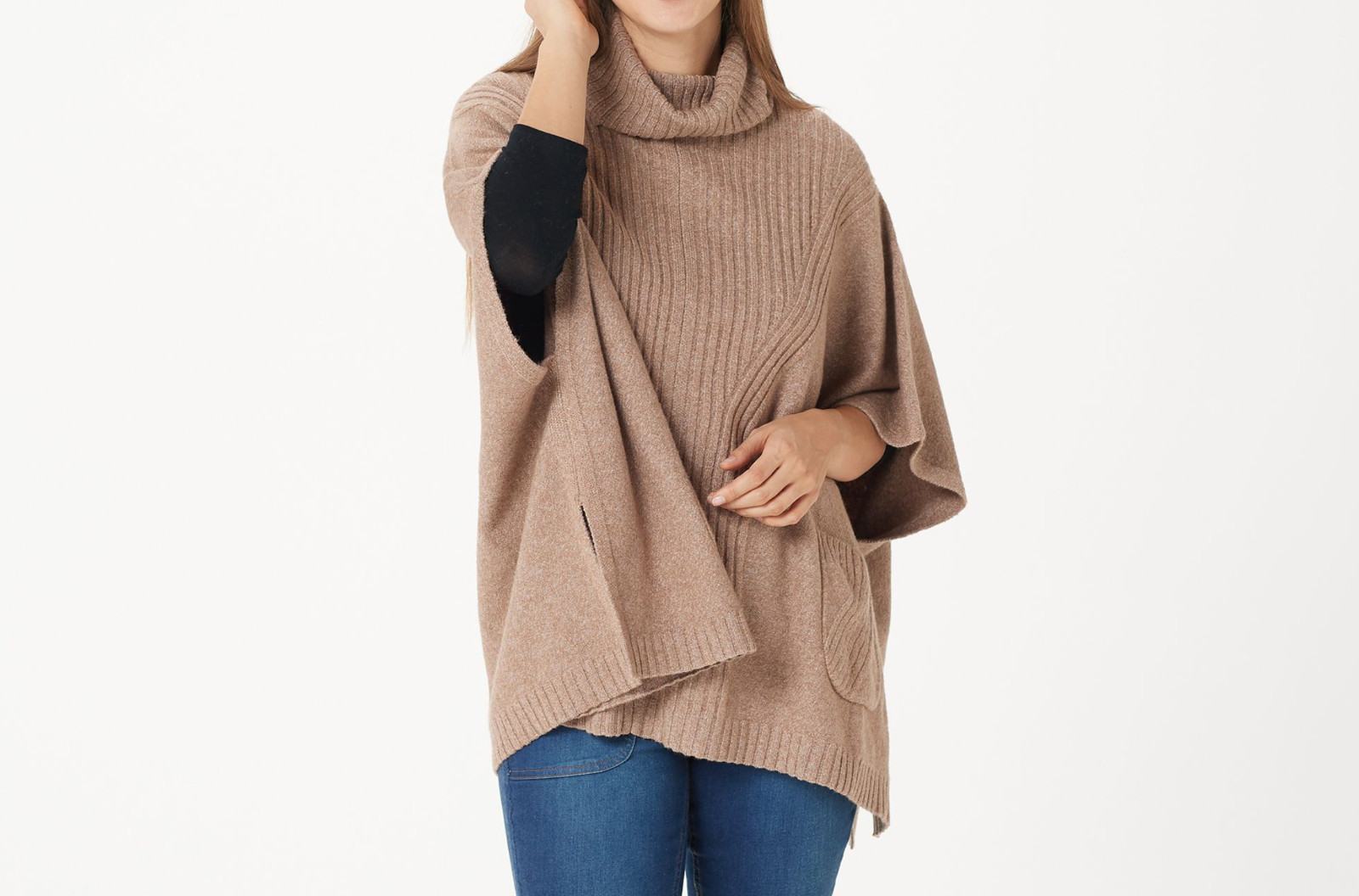 Isaac Mizrahi Women’s Cowl Neck Sweater Poncho Solid Tiramisu X-Small/Small Size