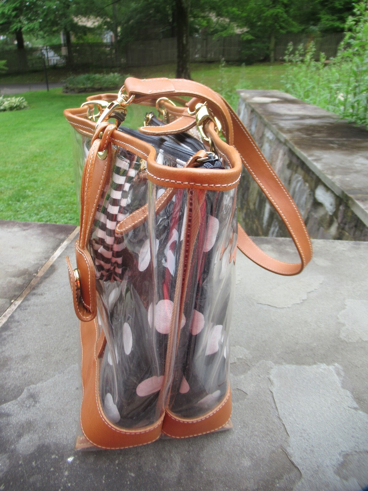 NWT Clever Carriage Co. Large Clear Tote/ Leather Trim/ Striped/ Polka Dot Bags
