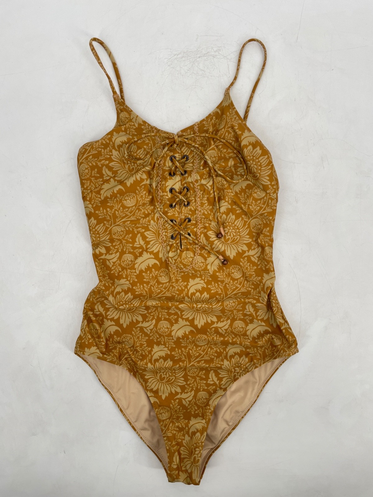 Spell & The Gypsy women size S Lioness One Piece lace-up neck swimsuit Caramel