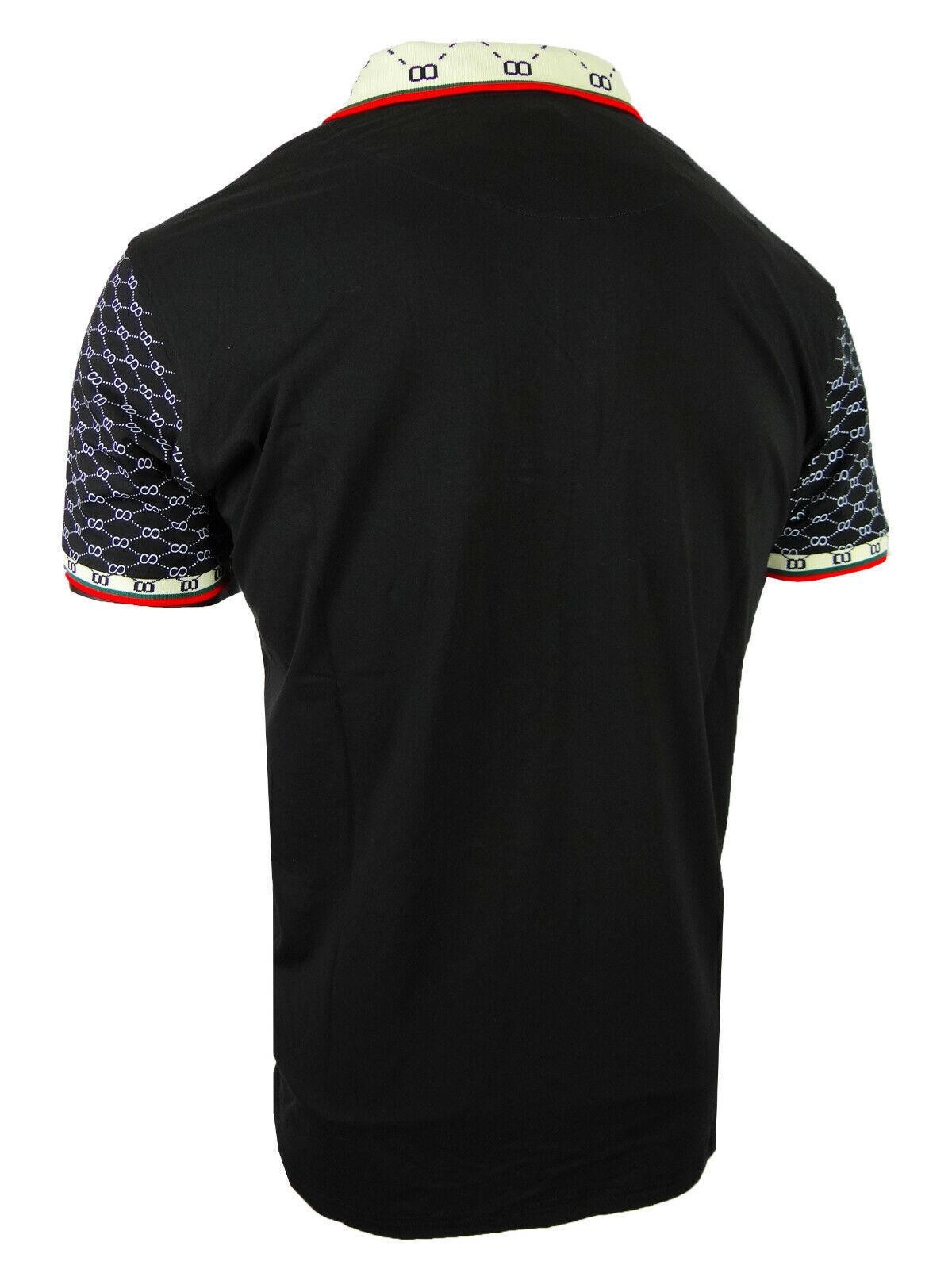 Polo Shirt Designer Print Collar and Sleeves Stretch NEW Mens Casual Dress Golf