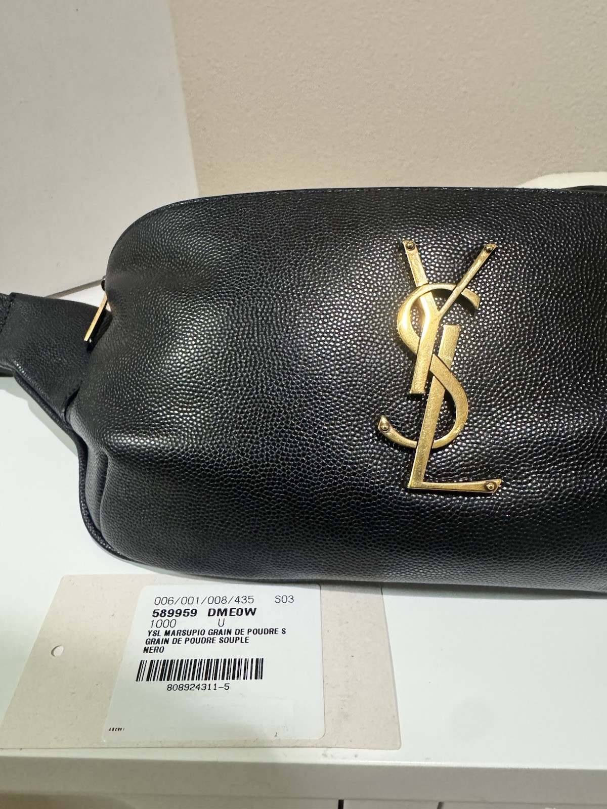 Saint Laurent YSL Cassandre Black Grained Leather Belt Bag Gold Hardware Box
