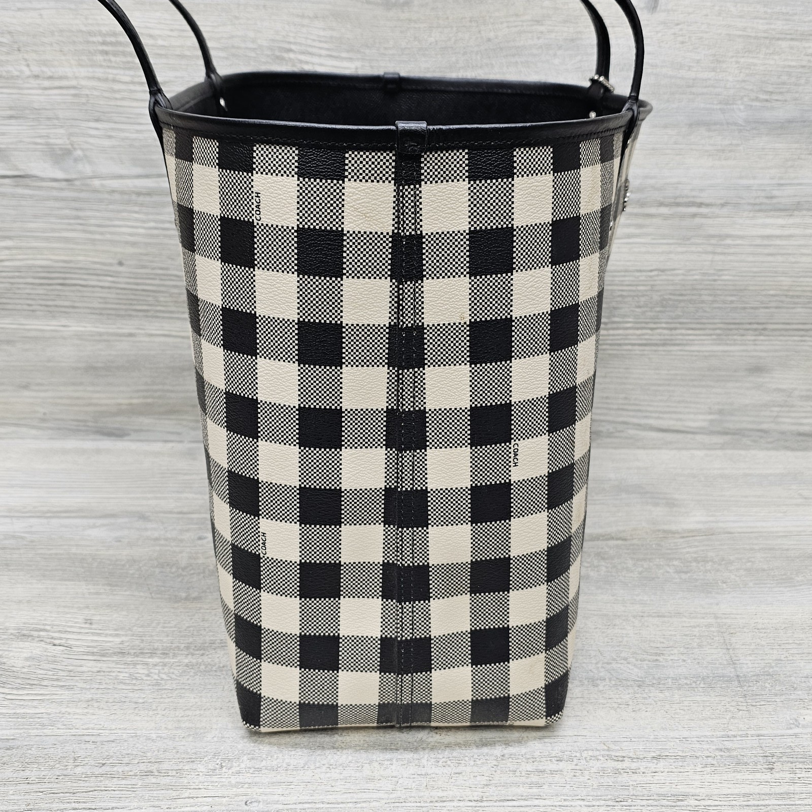 Coach Reversible City Tote Black Crossgrain Leather Checkered Buffalo Plaid Bag