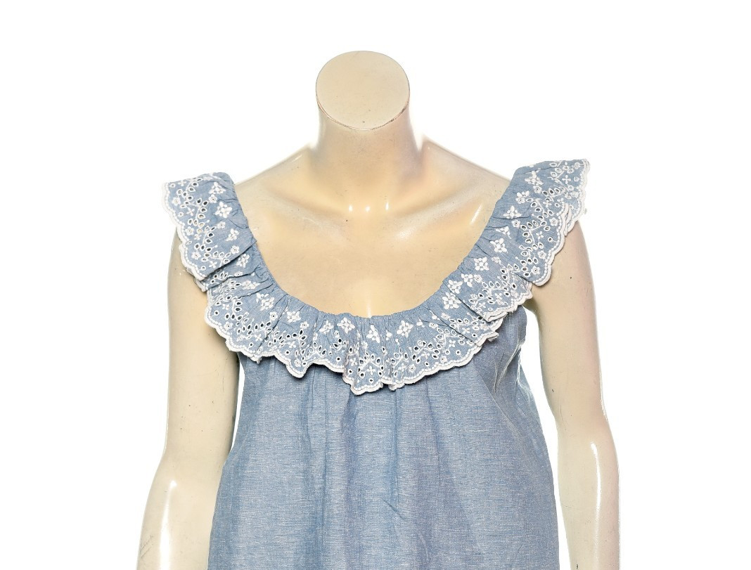 Sezane Rosa Top In Chambray S 36 Embroidered Ruffle Sleeveless Blouse NEW 46303
