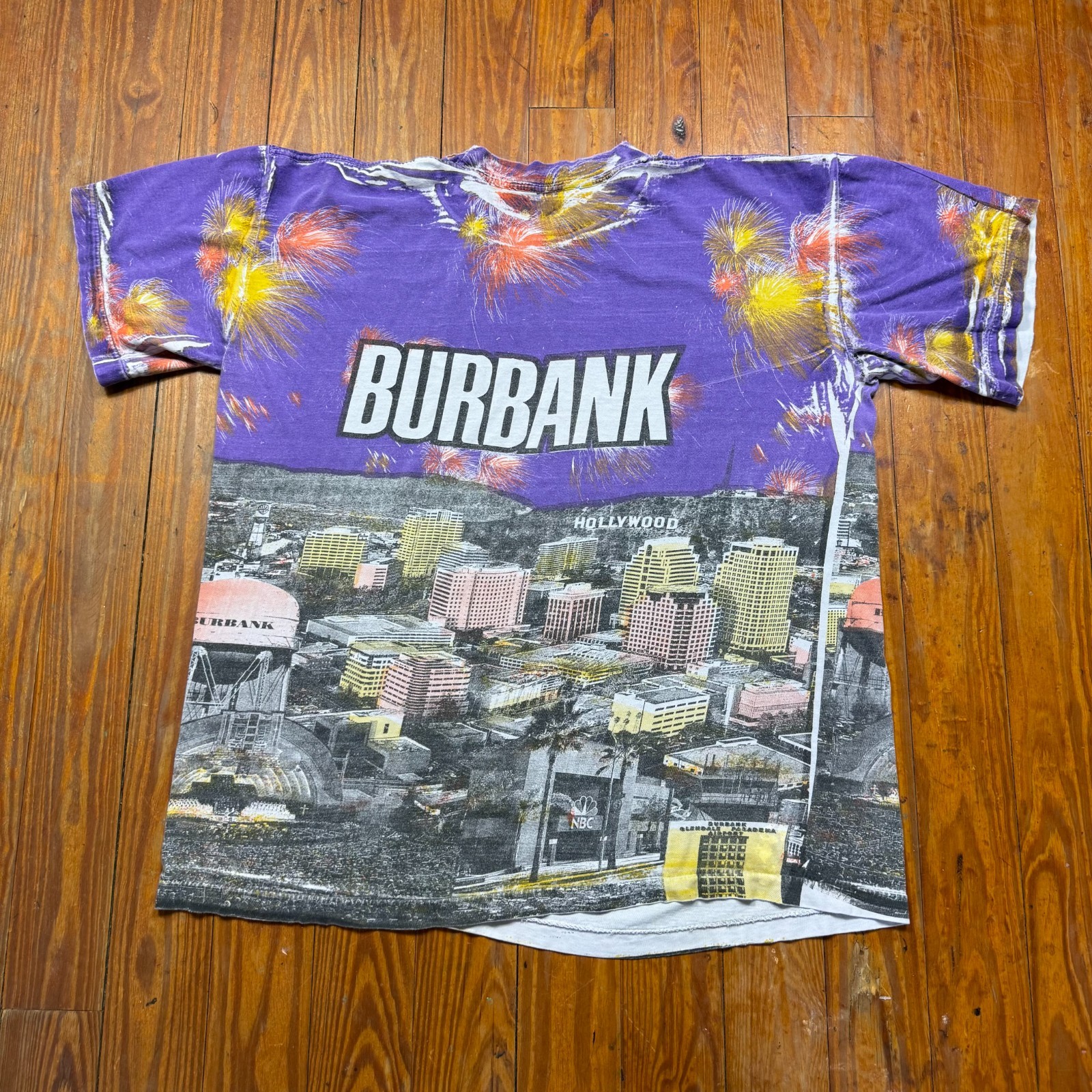 Vintage Burbank California All Over Print Shirt Mens Size XL Purple 90s
