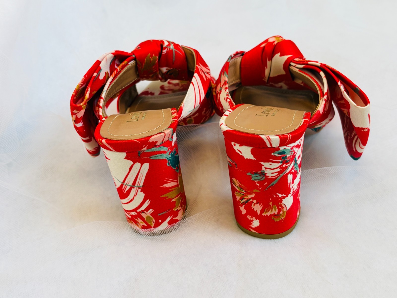 Lewit Rosa Floral Print Bow Mule Pumps Block Heel Red Satin -Size 6 (35 1/2)