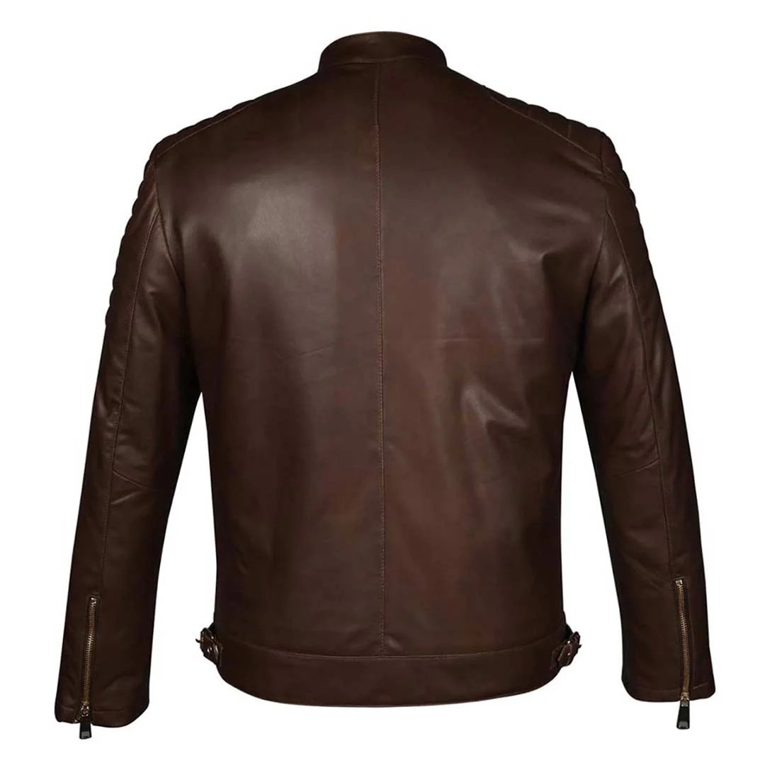 Men’s Genuine Brown Leather Biker Jacket Cafe Racer Motorcycle Quilted Coat