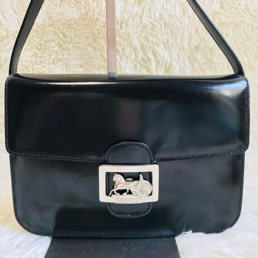 CELINE Black Leather Shoulder Bag Horse Carriage Hardware Flap Vintage Authentic
