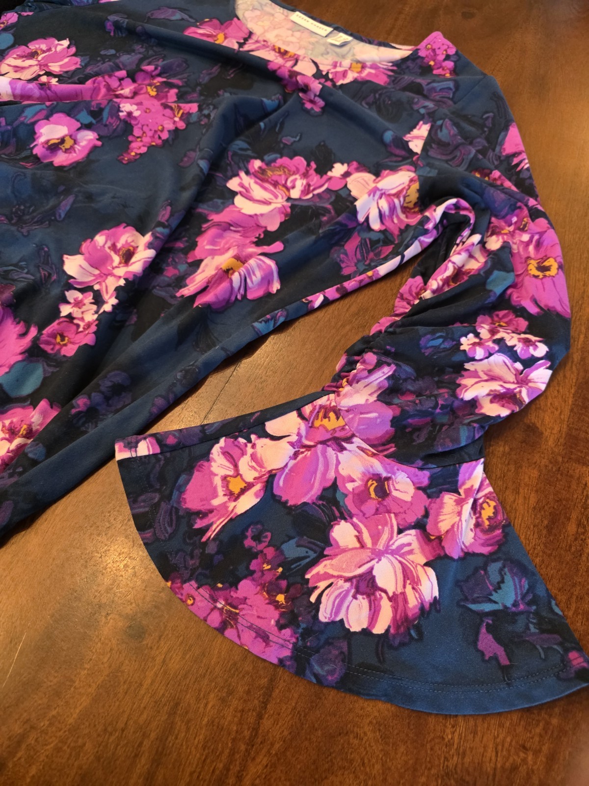 Susan Graver Deep Blue Floral Blouse Bell Sleeves Sz 1X Whimsigoth Fairy Brushed