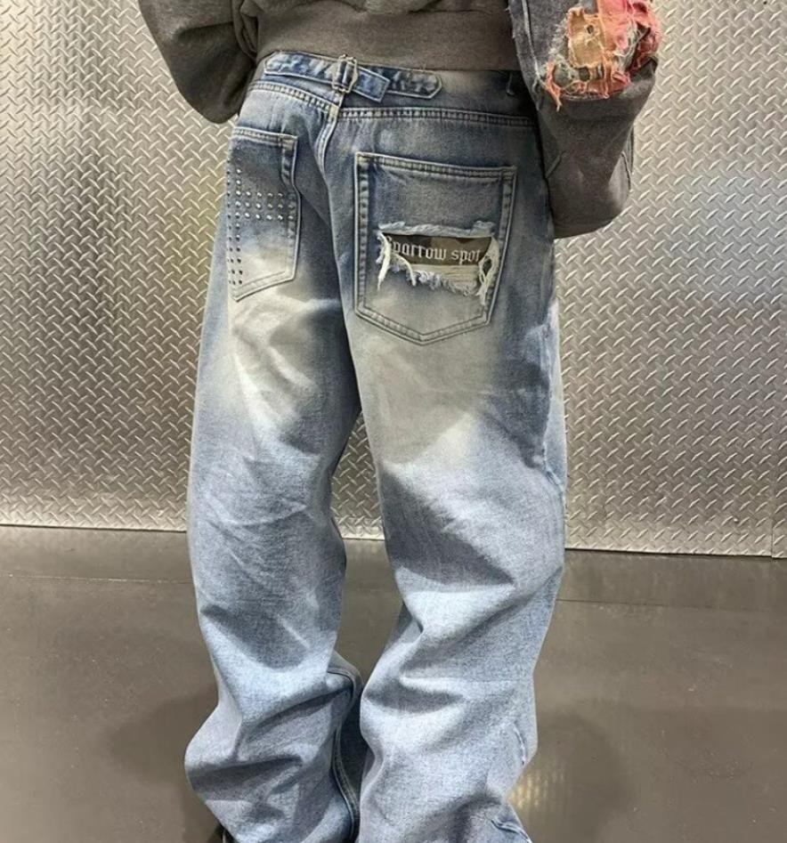 Men’s Light Blue Denim Jeans Straight Leg Casual Pants Trousers Punk Hip Hop New