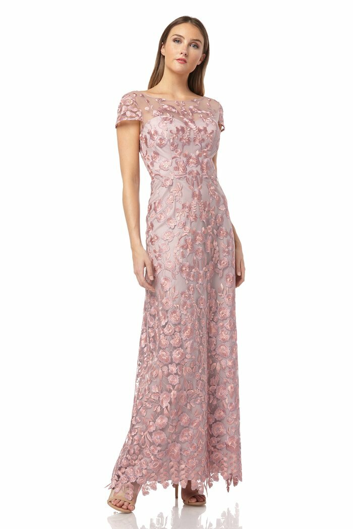 JS COLLECTIONS Pink Floral Embroidered Sheer Illusion Yoke A-Line Maxi Gown 10 M