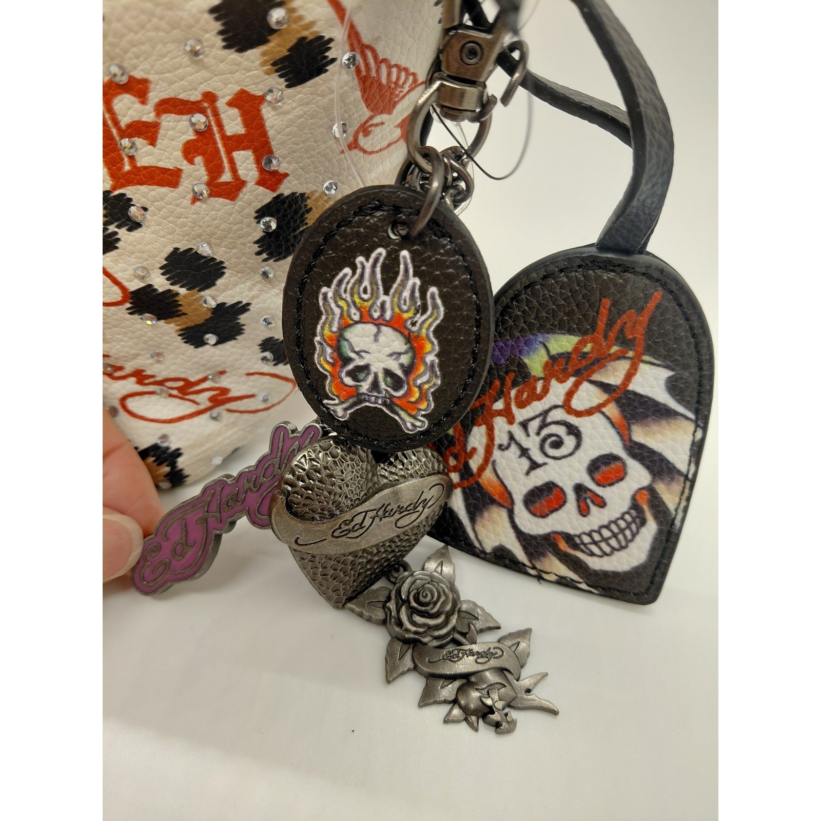 NEW Ed Hardy Leopard Print Tattoo Graphic Rhinestone Shoulder Bag With Charms