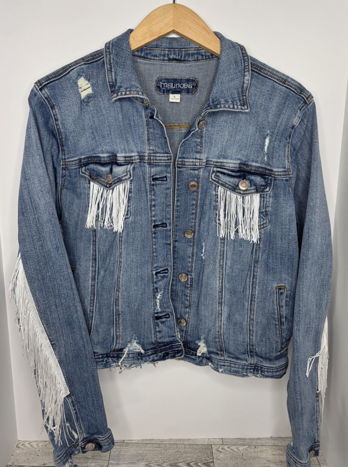 Distressed Fringe Denim Jacket L Y2K Boho Western Statement Cowgirl Vibes Rodeo