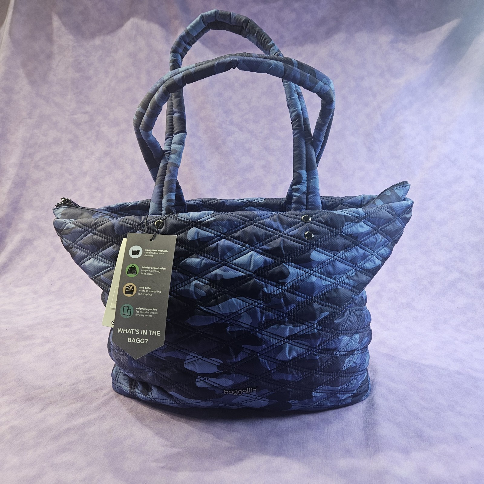 NWT “Baggallini Quilted Tote” Multicolor Tote Bag, Various Shades Of Blue, READ