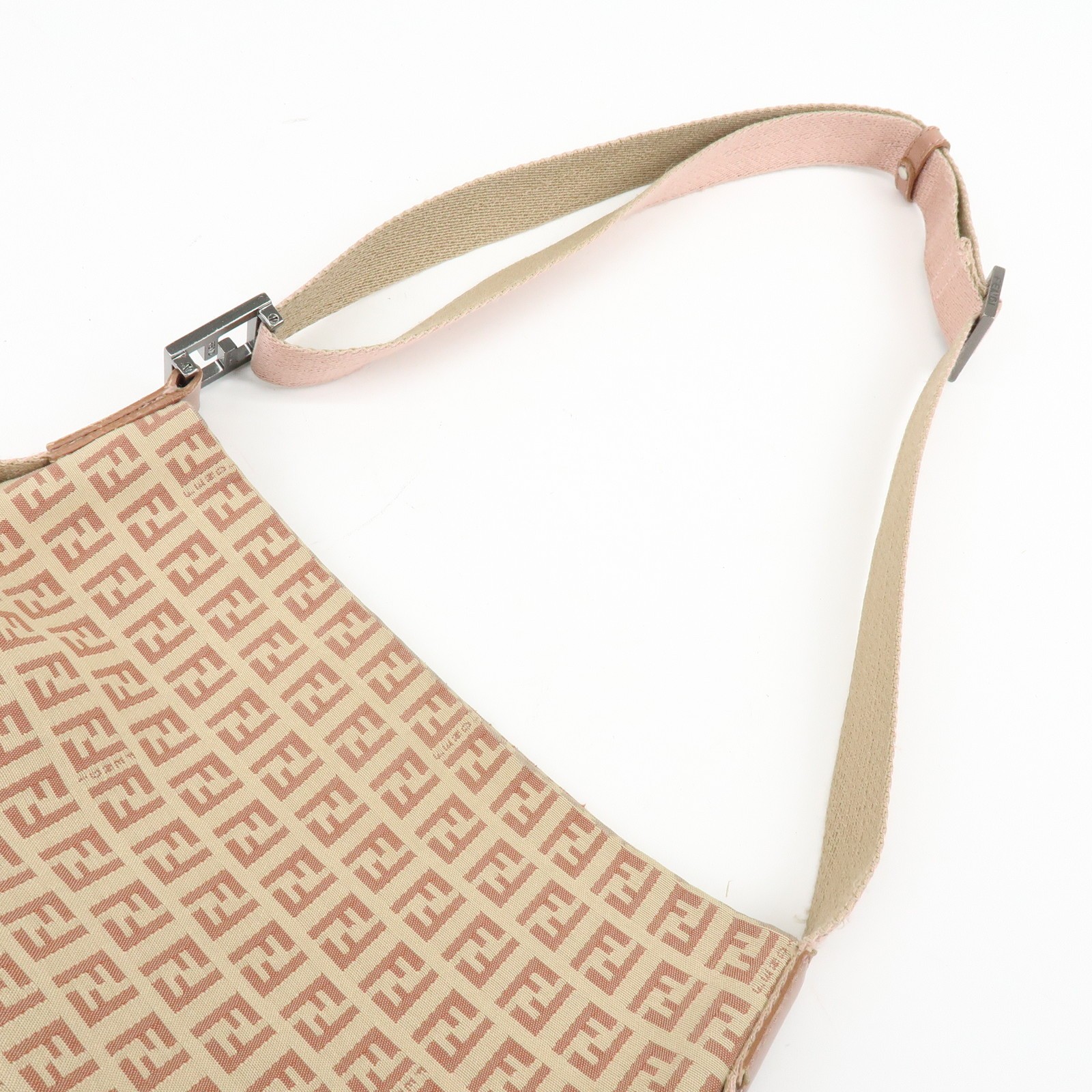 FENDI Zucchino Canvas Leather Shoulder Bag Beige Pink 8BR318 Authentic Used F/S