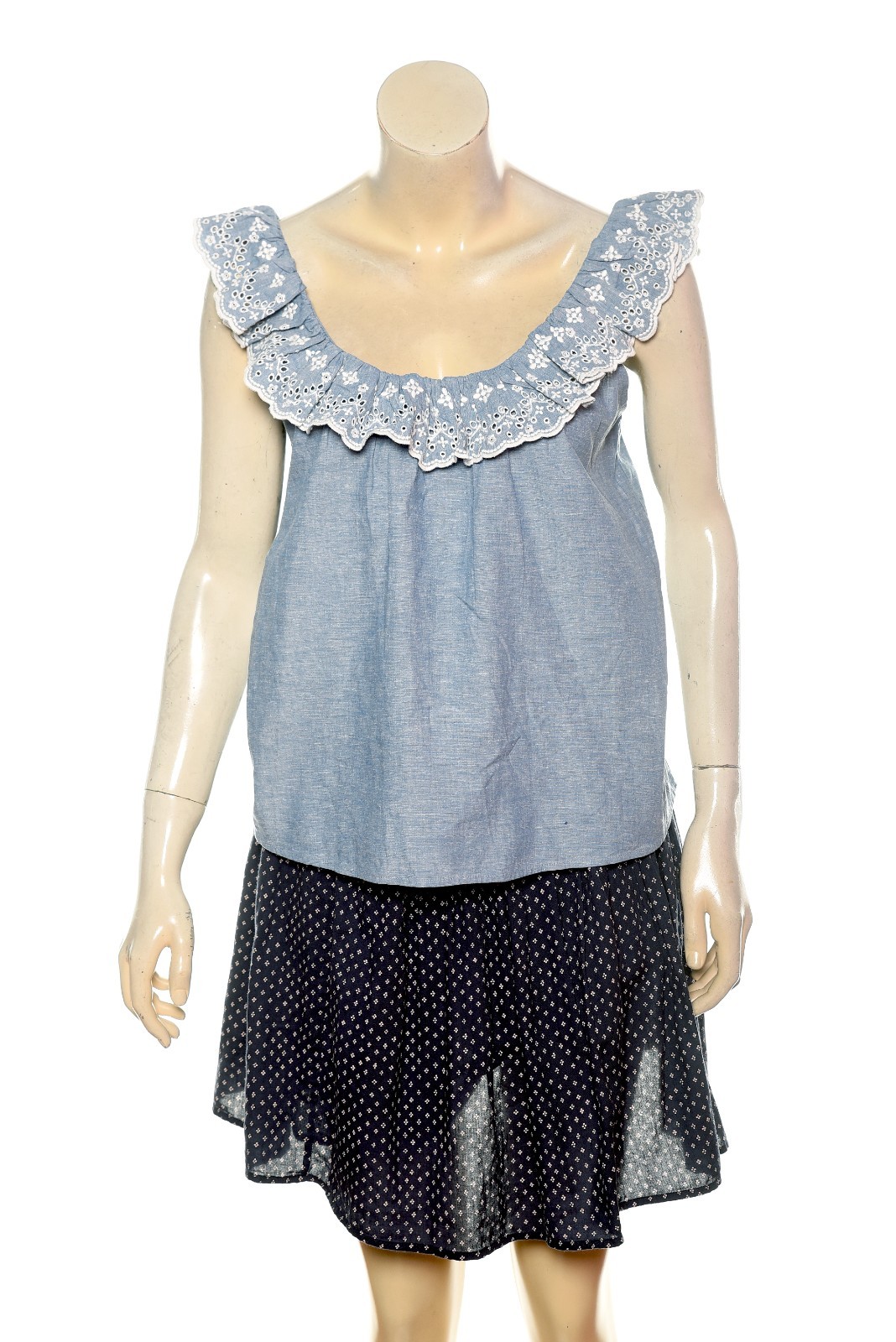 Sezane Rosa Top In Chambray S 36 Embroidered Ruffle Sleeveless Blouse NEW 46303