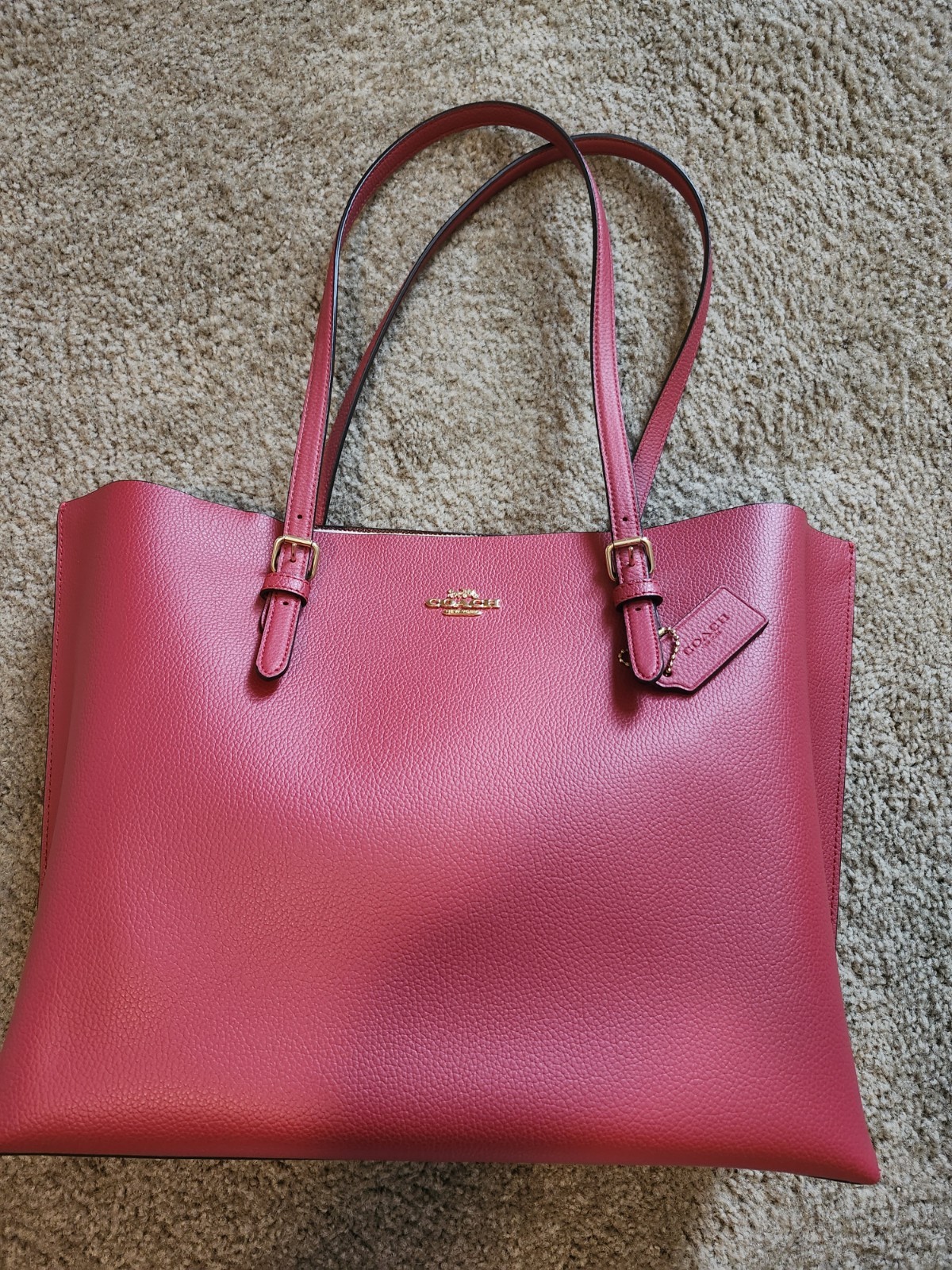 COACH Mollie Red Leather Tote Bag Light Pink Interior Gold Accent
