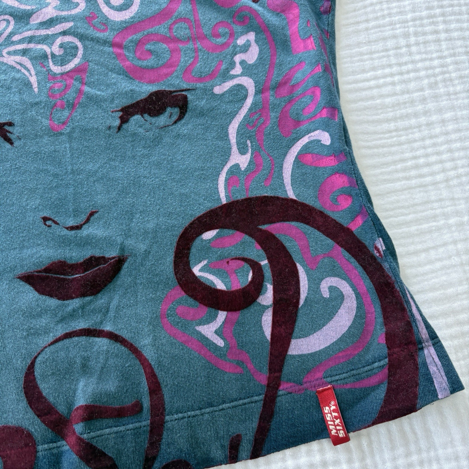 Miss Sixty Graphic Tank Top Y2K Teal Blue Pink Face Print Velvet Devore Small