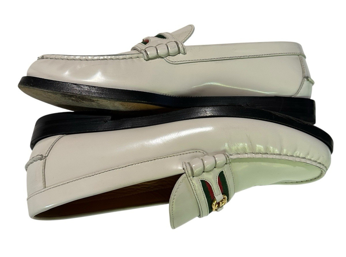 Men Genuine GUCCI Kaveh Webbing White Leather Loafers Shoes GG logo 9.5 US
