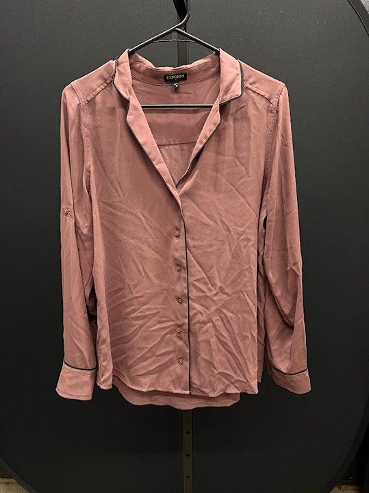 Express Purple Mauve Button Up Black Trim Blouse Size M