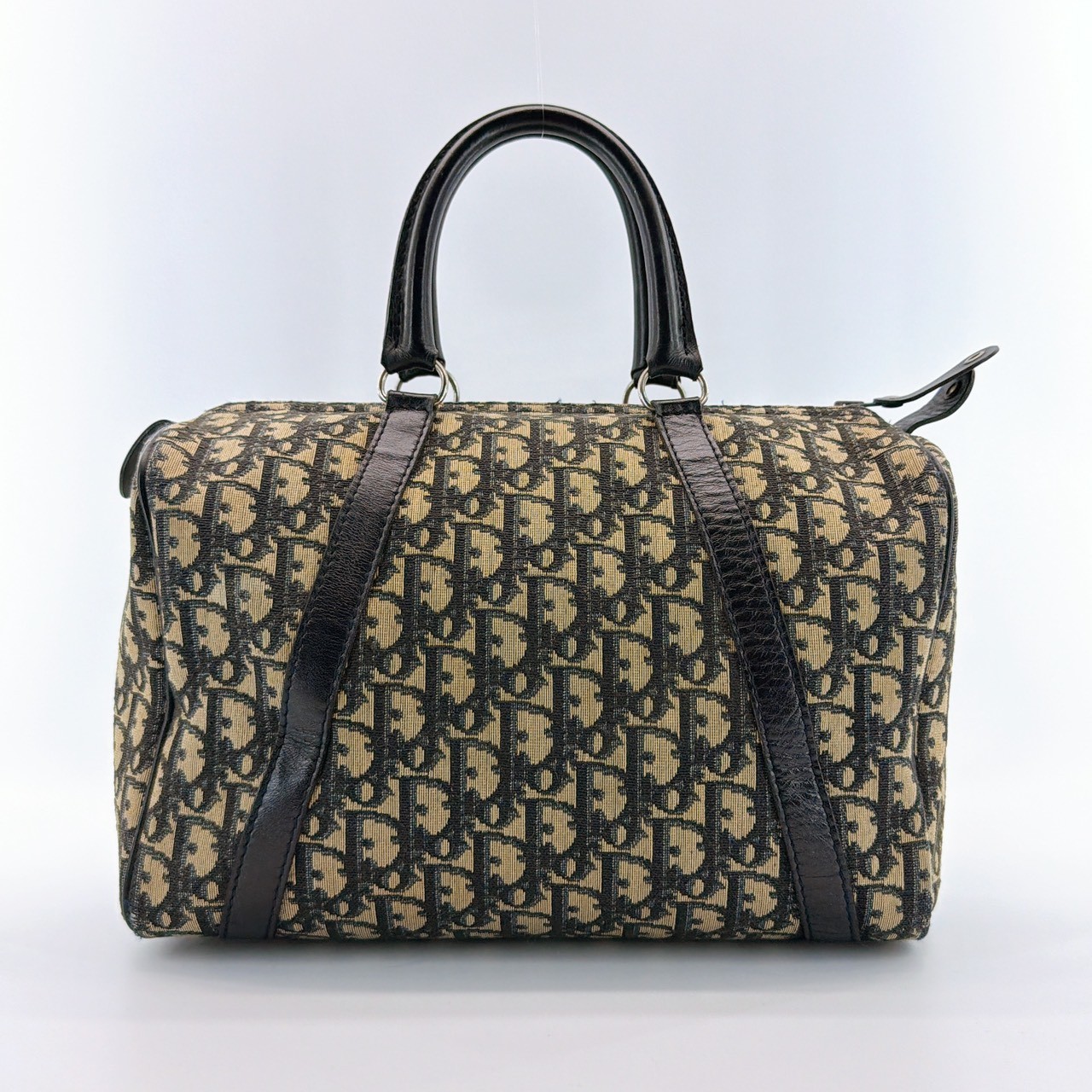 Auth Christian Dior Trotter Pattern Canvas Beige Navy Boston Bag 303Q1