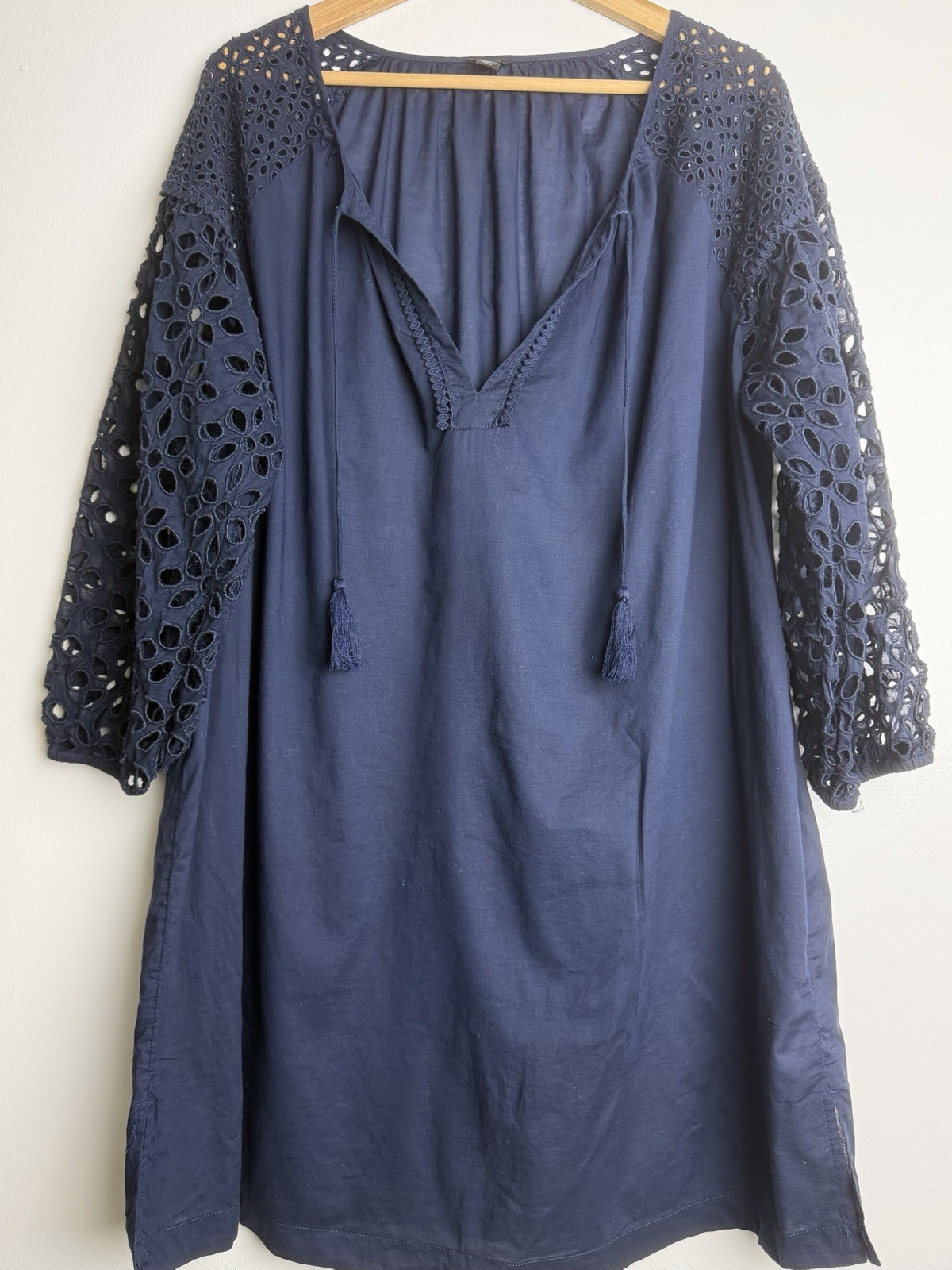 J.Crew Blue Eyelet Lace V-Neck 3/4 Sleeve Tunic Blouse Women’s XL