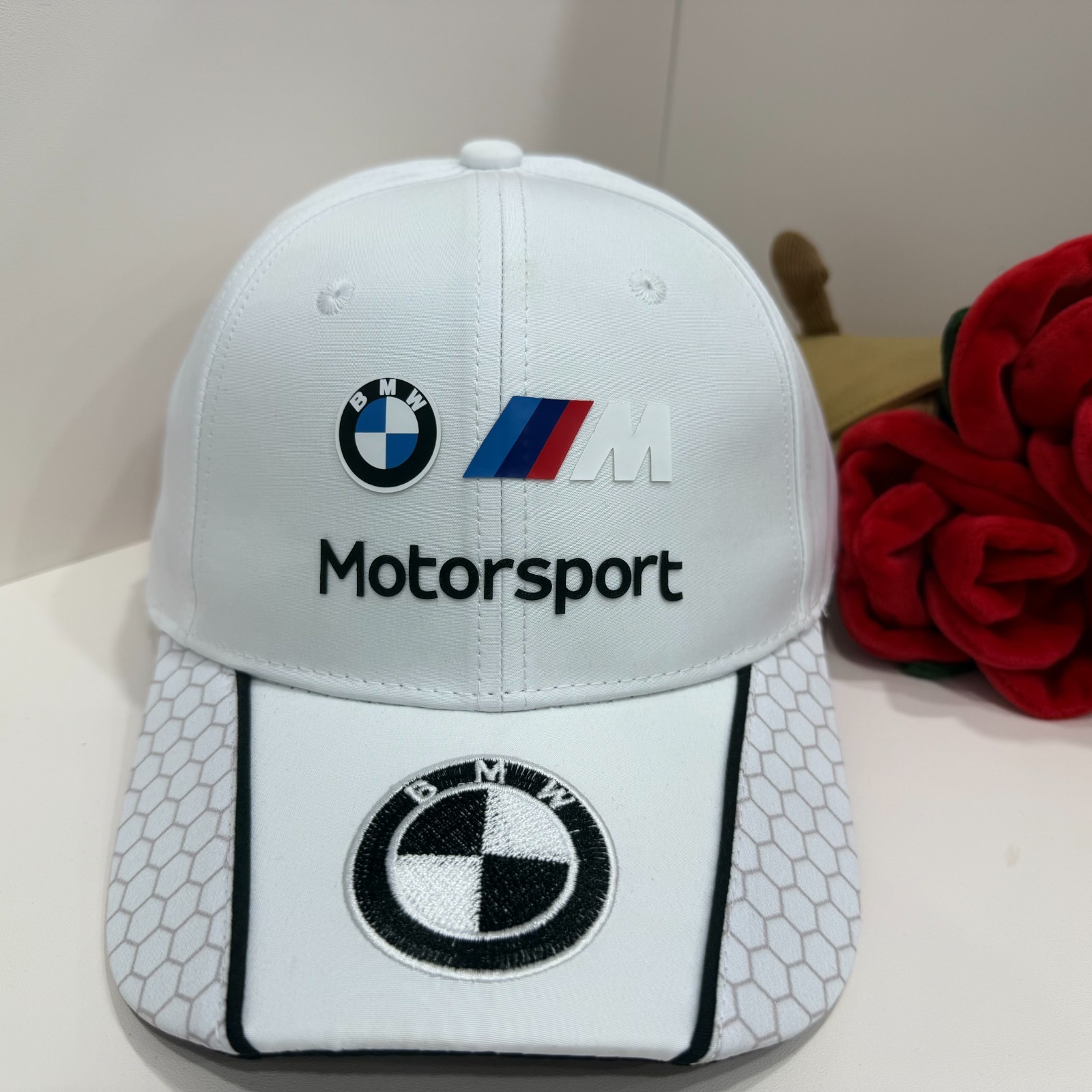 BMW Motorsport Men’s Casual Adjustable Curved Brim White Honeycomb Baseball Cap
