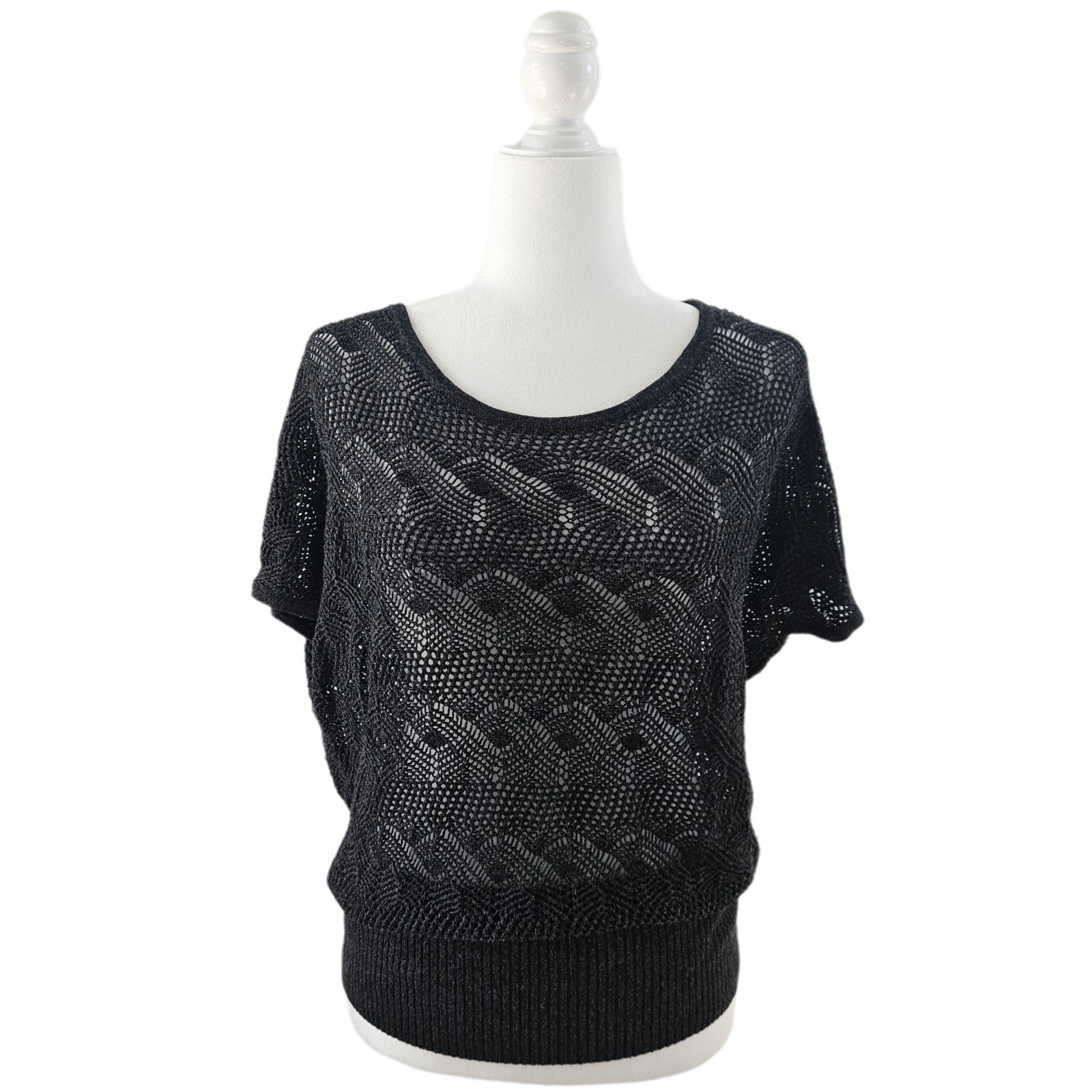 Vintage Cache Black Dark Grey Silver Sparkly Y2k Crochet Top Size Large