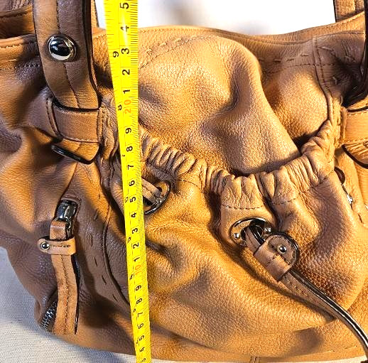 B. Makowsky Tan Pebbled Leather Hobo Shoulder Bag Drawstring Leopard Lining