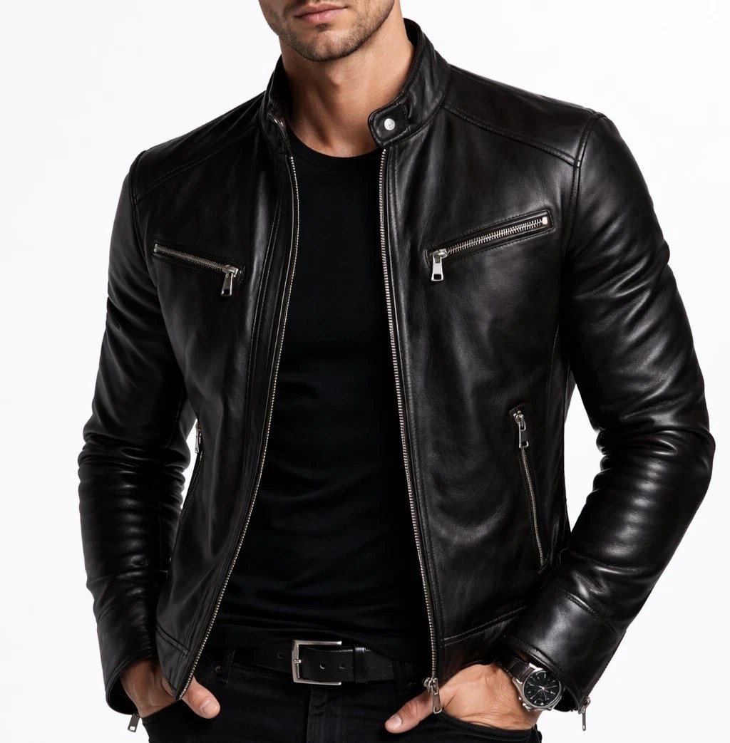 Men’s Black Faux Biker Jacket Slim Fit Cafe Racer Motorcycle