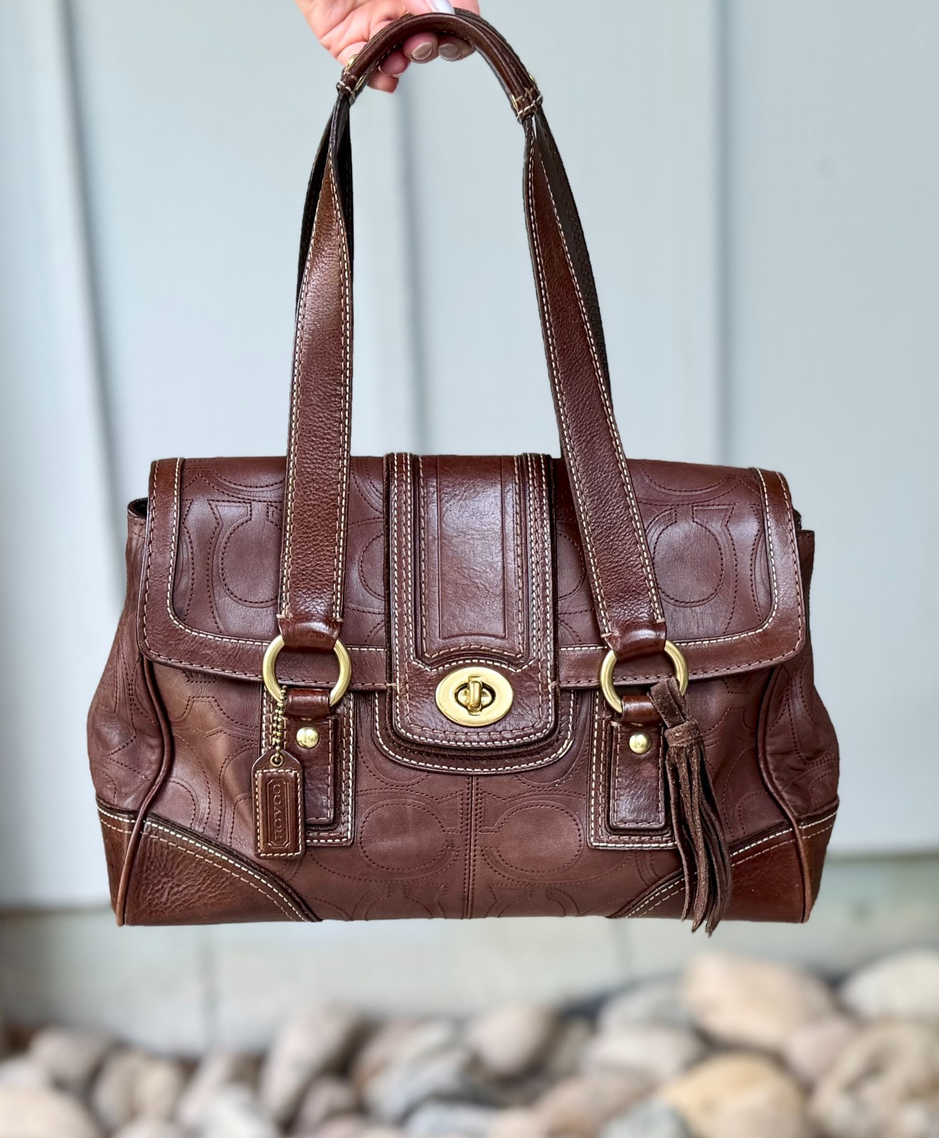 COACH Hamptons Brown Leather Embossed Signature Turnlock Satchel 11332 Bag