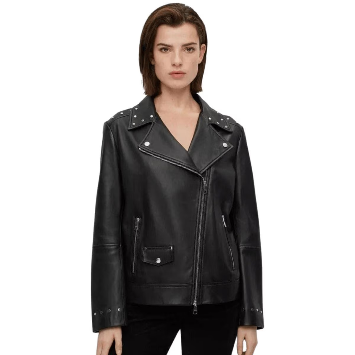 Black Leather Biker Jacket with Asymmetrical Zip & Snap Collar