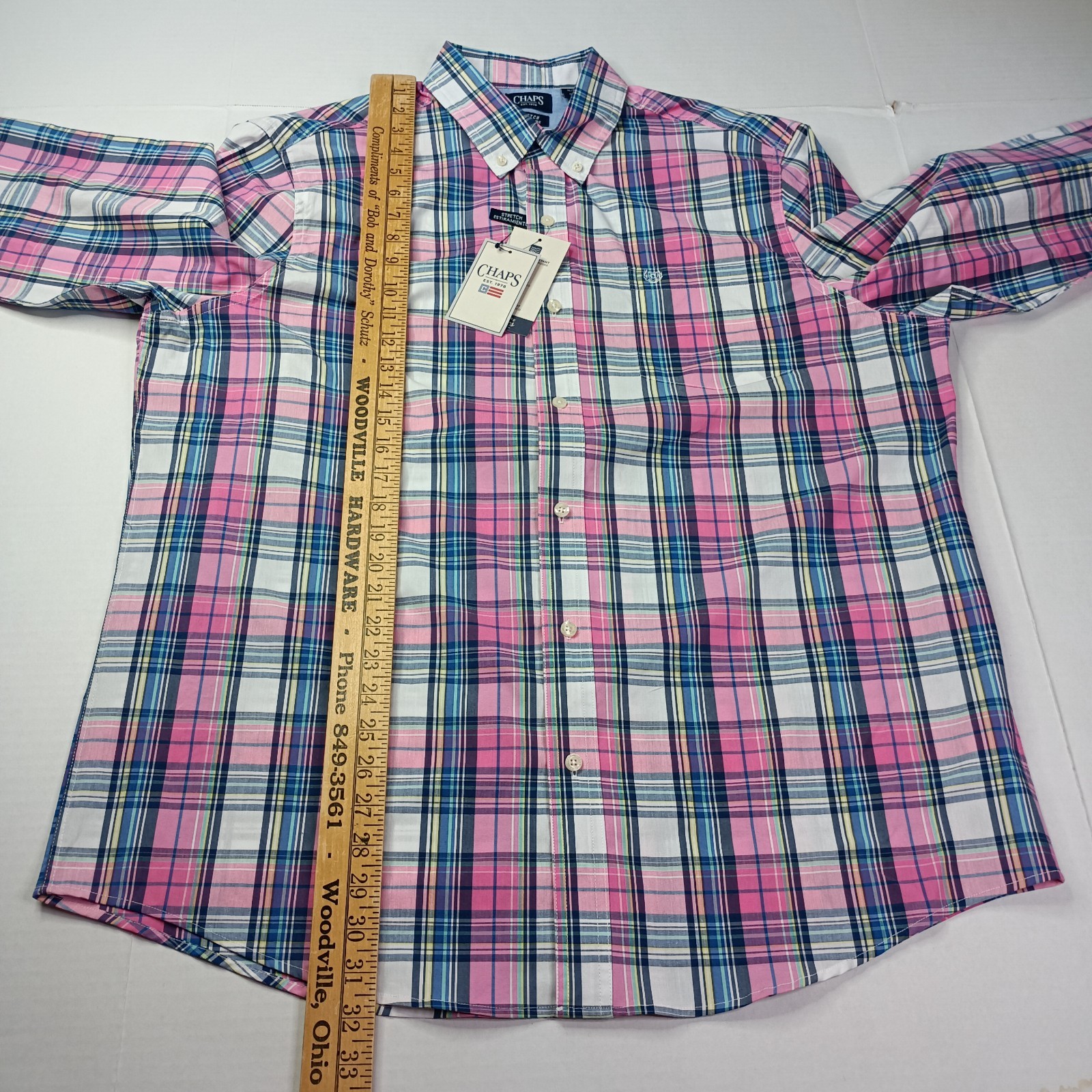 Chaps Easy Care Woven Shirt Men’s Size XL Peony Pink Plaid Stretch Classic Fit