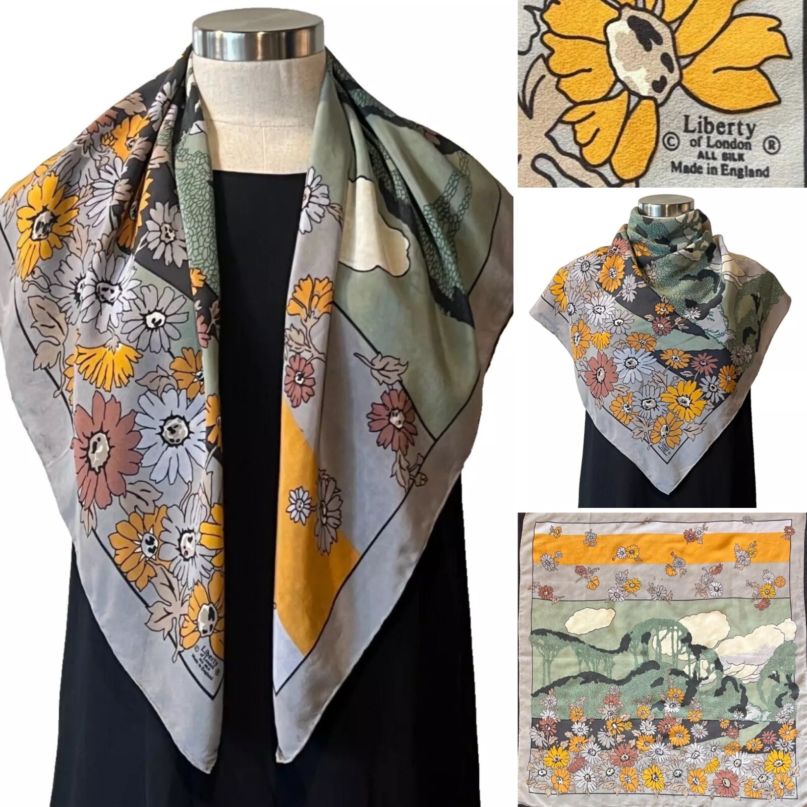 Liberty London Grey/Green Daisy Garden Scene Silk Crepe Scarf 82x82cm Handroll