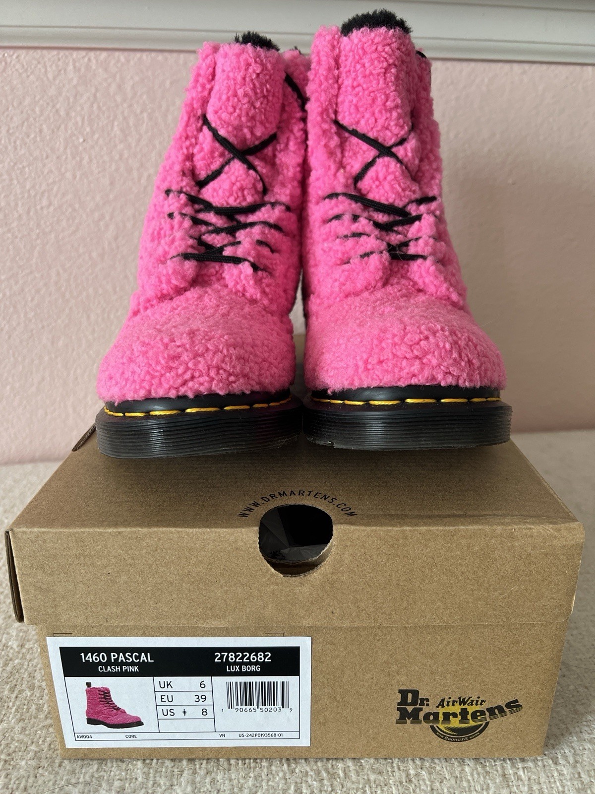 Dr. Martens – 1460 Lux Borg Faux Fur Combat Boots (Clash Pink) Size 8