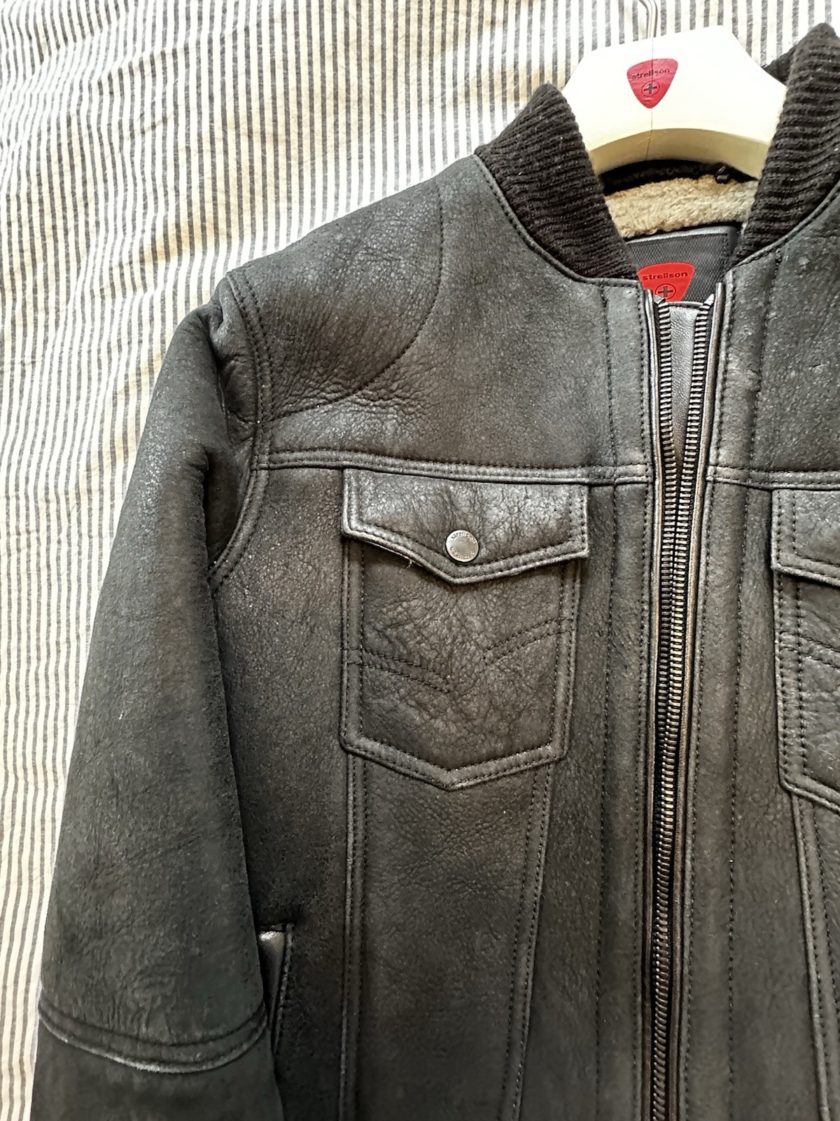 Strellson Premium Black Leather And Shearling Bomber Jacket, Size 52/L