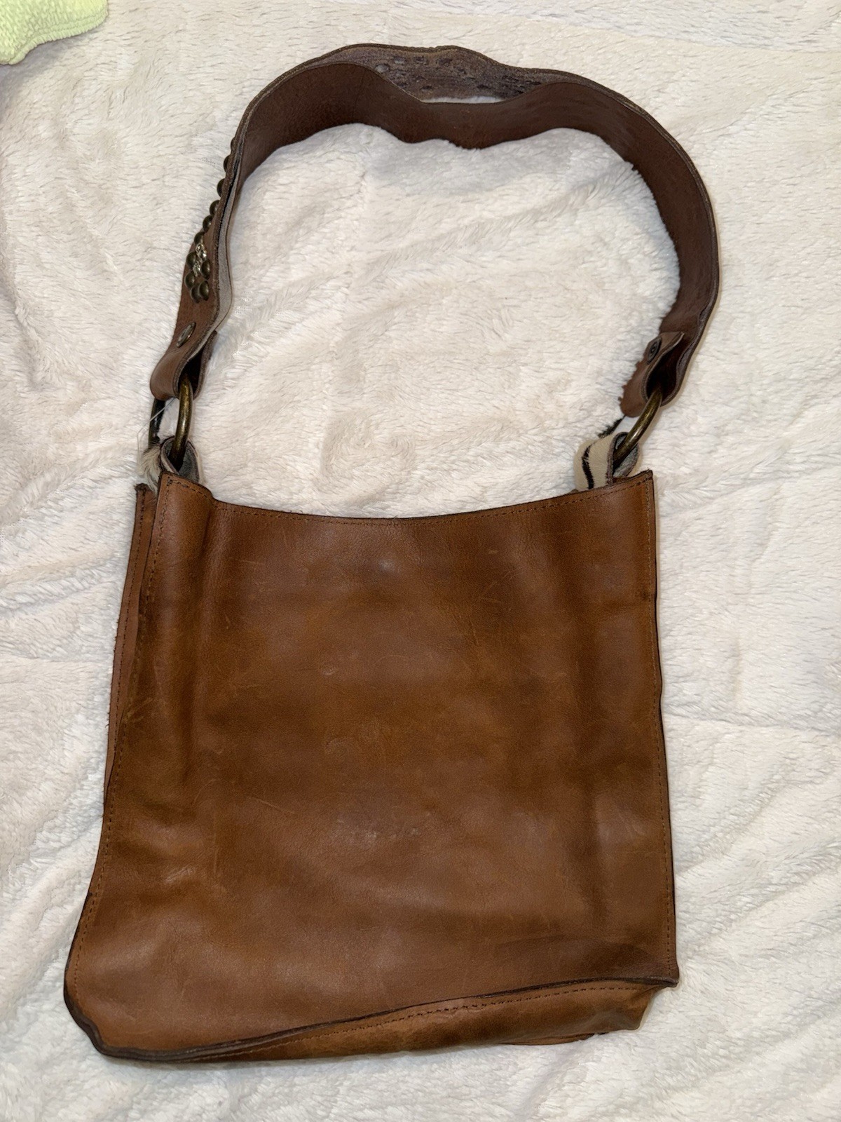 Two Bar West Brown Studded Shoulder Bag for Women w/ Zebra Detail, Bronze