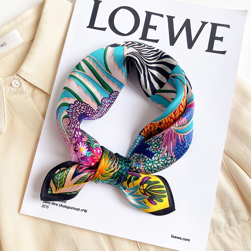100% Mulberry Silk 20″ square Scarf Women neckerchief Wrap Forest Jungle Zebra