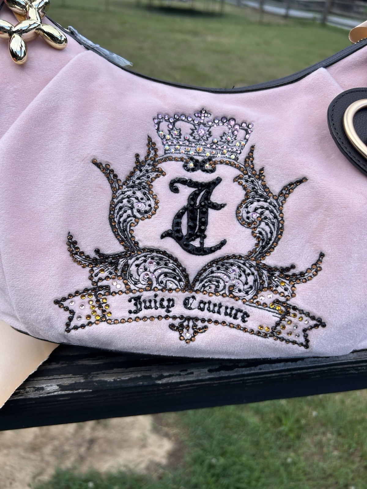 Juicy Couture Need More Juicy Pink Clay Velour Hobo Bag with Custom Gothic Crest