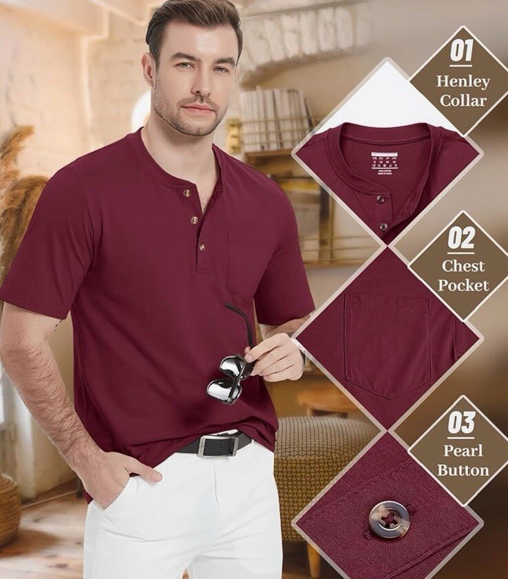 MAGCOMSEN Men’s Henley Shirts Short Sleeve Pocket Tee Shirts Wine Red Size 2XL