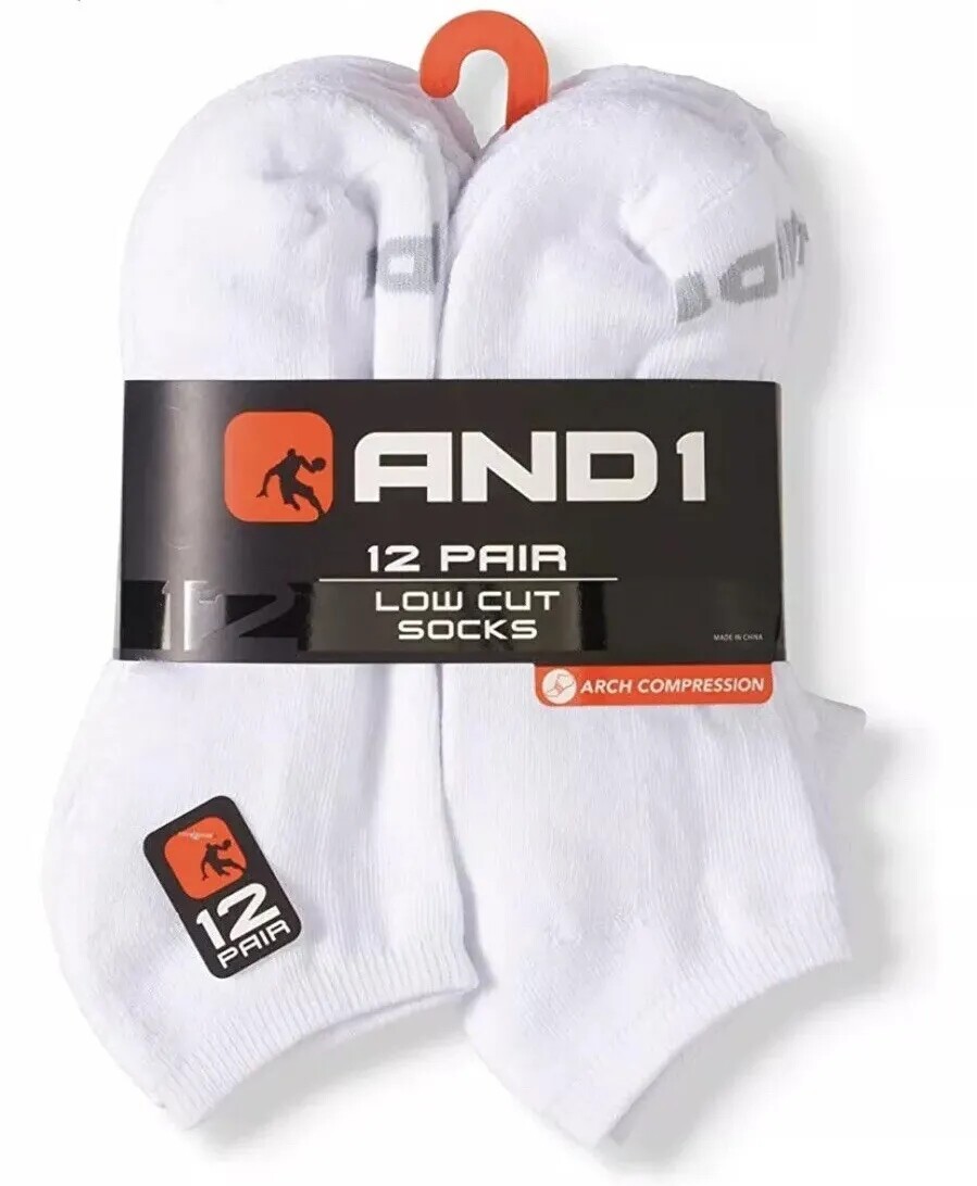 AND1® Men’s Cushion Low Cut Socks 12 pack ARCH COMPRESSION~Reinforced heel &Toe
