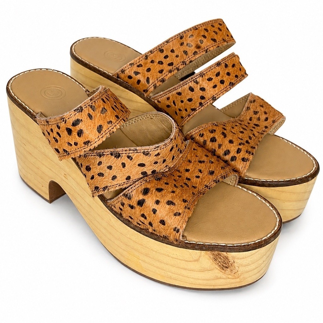 Leopard Print Wooden Platform Clogs Mules Size 7 Boho Y2K Slip On Sandals