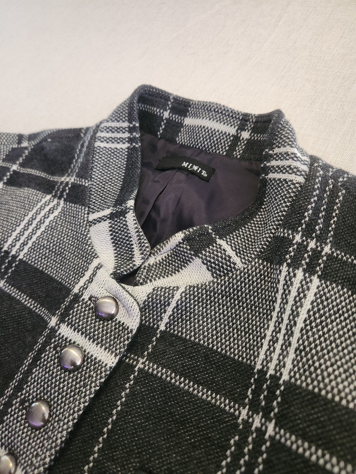 Mixit Women’s Plaid Button-Front Lined Short Jacket Black White Gray Size S #003