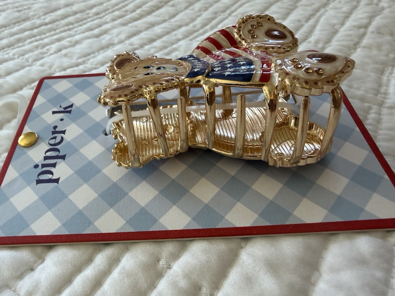Piper•k Bear Hair Claw Clip Patriotic Flag Enamel Gold Tone Metal