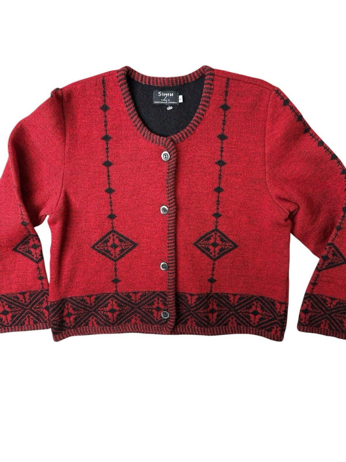 Vtg SIMU Sweden Wool Cardigan Sweater Women’s L Red Black Geometric Scandi Folk
