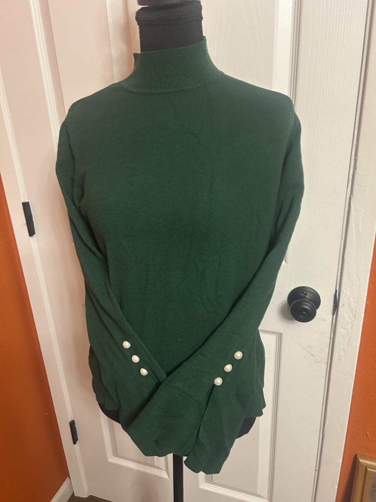 CeCe green medium mock turtleneck sweater with pearl embellished bell sleeves